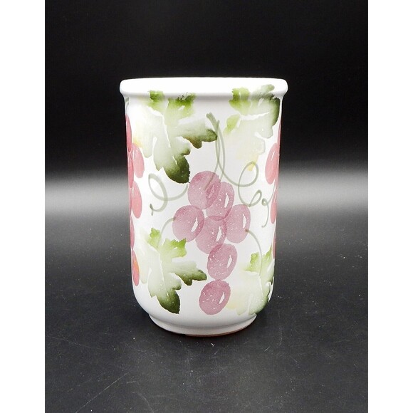 Pier 1 Imports Hand-Painted Grapes Vines Canister Utensil Crock 6 Inch - Picture 2 of 9